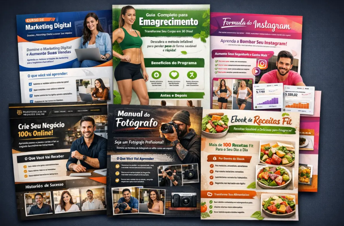 Exemplos de páginas e materiais do pack Fulvex PLR
